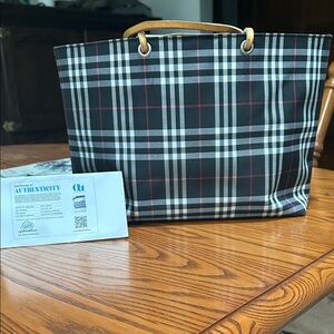 Plaid Tote Bag with Tan Handles